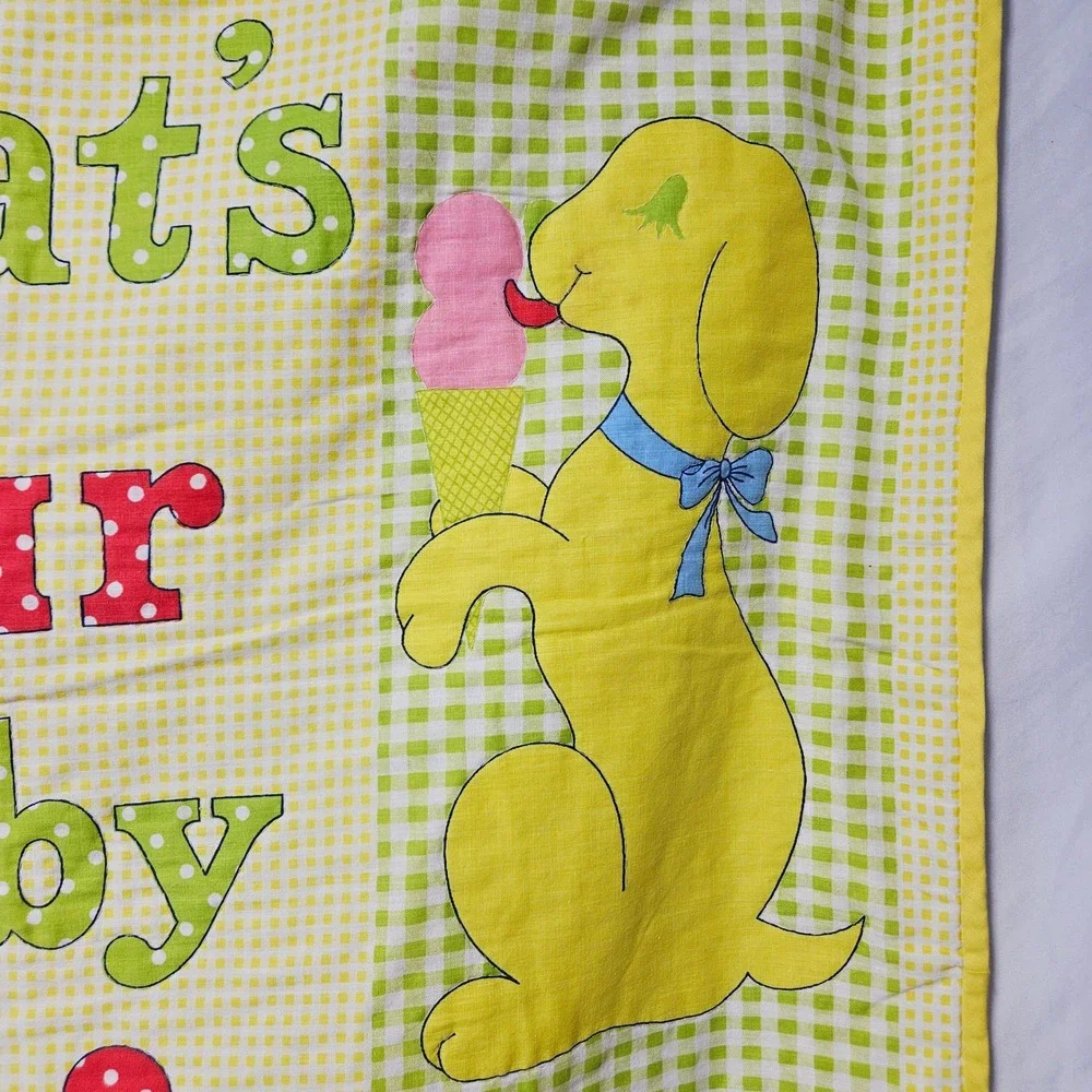 Vintage Thats Our Baby‎ Quilt Blanket Gingham Animal Patchwork Yellow Blue Retro